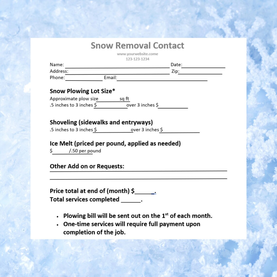 Residential Snow Plowing Bid Agreement Snow Service Proposal Sheet Residential Snow Plowing Bid Agreement Snow Service Proposal Sheet