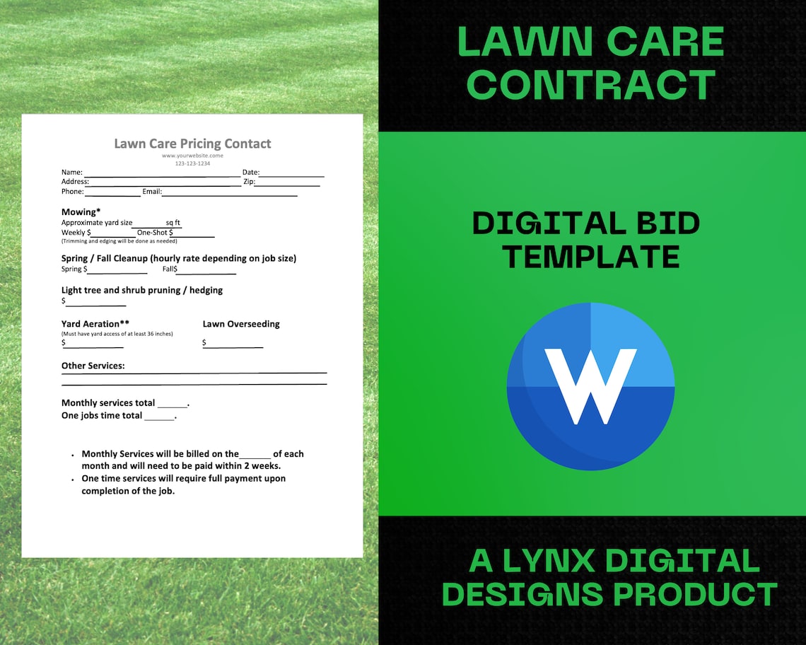 Lawn Care Mowing Pricing Sheet Bid proposal estimate agreement template