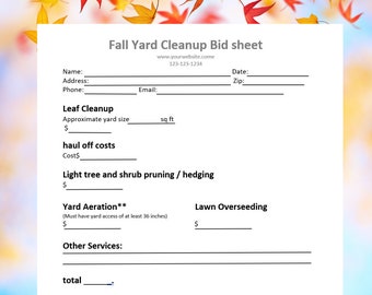 Fall/ Autumn Leaf Clean Up Pricing Sheet | Fall Yard Cleanup Bid Sheet | Editable Cleaning Contract Template | Cleaning Contract Sheet