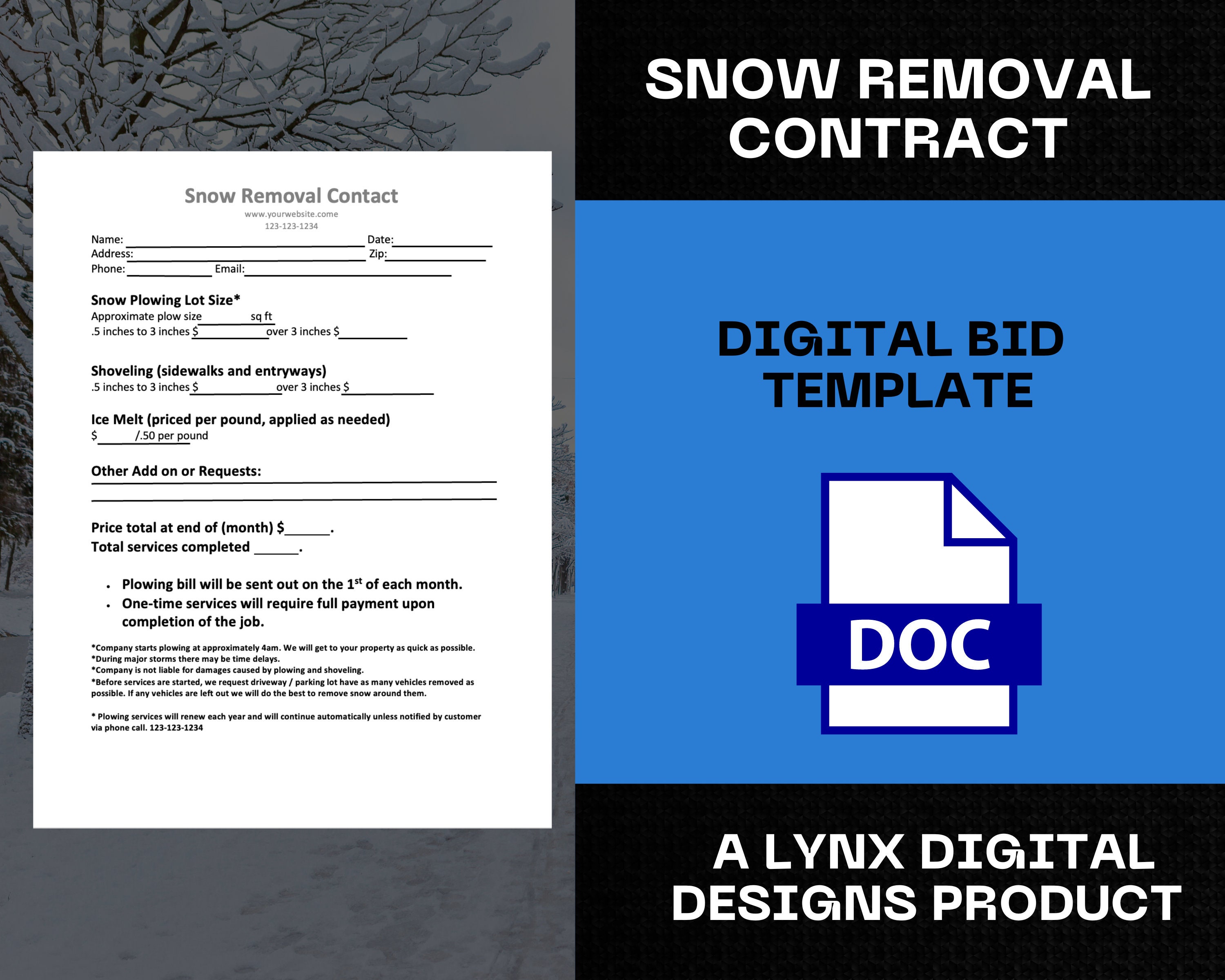 Residential Snow Plowing Bid Agreement Snow Service Proposal Sheet Residential Snow Plowing Bid Agreement Snow Service Proposal Sheet