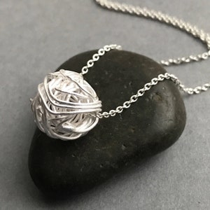 Wire Ball Necklace, Sterling Silver Love Knot, Tangled and Twisted Ball of Wire