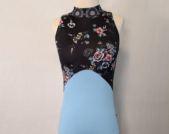 Ready to Ship Sky Blue Floral Print High Neck Tank Leotard, Adult Small