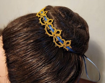 Blue and Gold Lace Bun Wrap, Hand Tatted Lace,