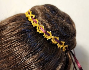 Wine and Gold Lace Bun Wrap, Hand Tatted Lace,