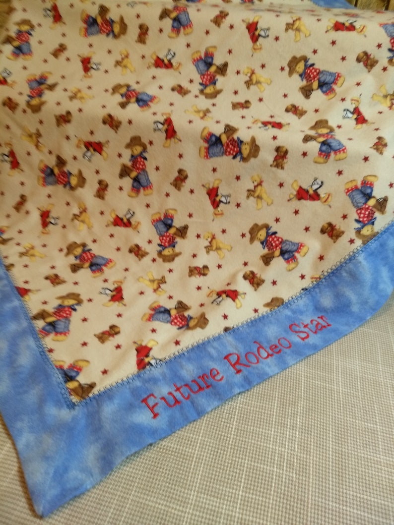 Cowboy And Teddybear Blanket Flannel Receiving Blanket Self Binding Flannel Receiving Blanket Embroidered Baby Blanket