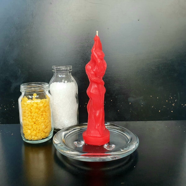 Lovers candle cast in red wax. 14 cm tall loving couple spell candle by waxingmiracle.