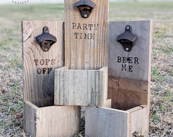 Personalized Reclaimed Wood Beer Bottle Opener with Cap Catcher