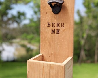 Personalized Reclaimed Wood Beer Bottle Opener with Cap Catcher