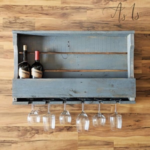 Reclaimed Wood Wine Rack with Glass Hanger: Rustic Farmhouse Bar Gray