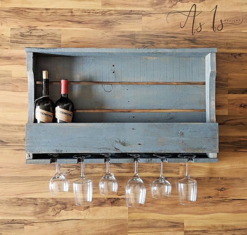 Reclaimed Wood Wine Rack with Glass Hanger: Rustic Farmhouse Bar Gray