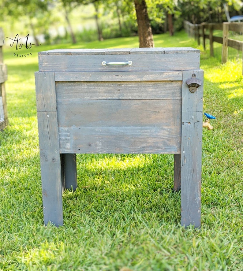 Standing Wood Cooler, Rustic Drink Stand, Wood Icebox, Birthday Gift For Men, Sports Tailgate Party Football, Spring, Mothers Day Father Grey