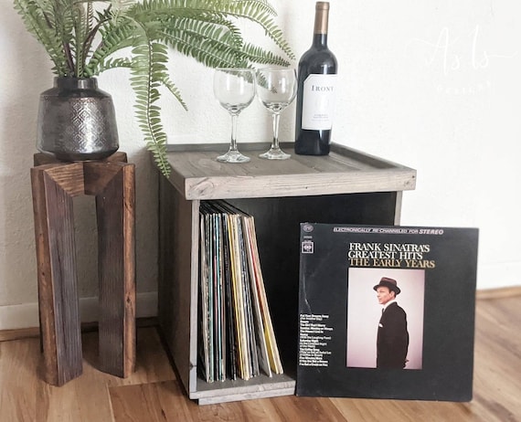 Reclaimed Wood Vinyl Record Storage Box: Stacking End Table