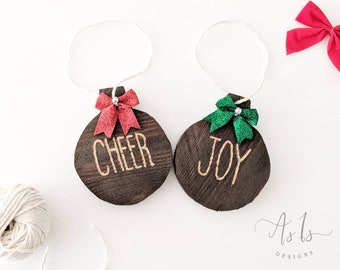 Customizable Wood Christmas Ornaments, Joy, Cheers, Holiday Decor, Pet Name, Family Name, Custom Gift Tags, Personalized