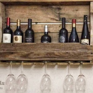 Reclaimed Wood Wine Rack with Glass Hanger: Rustic Farmhouse Bar Brown