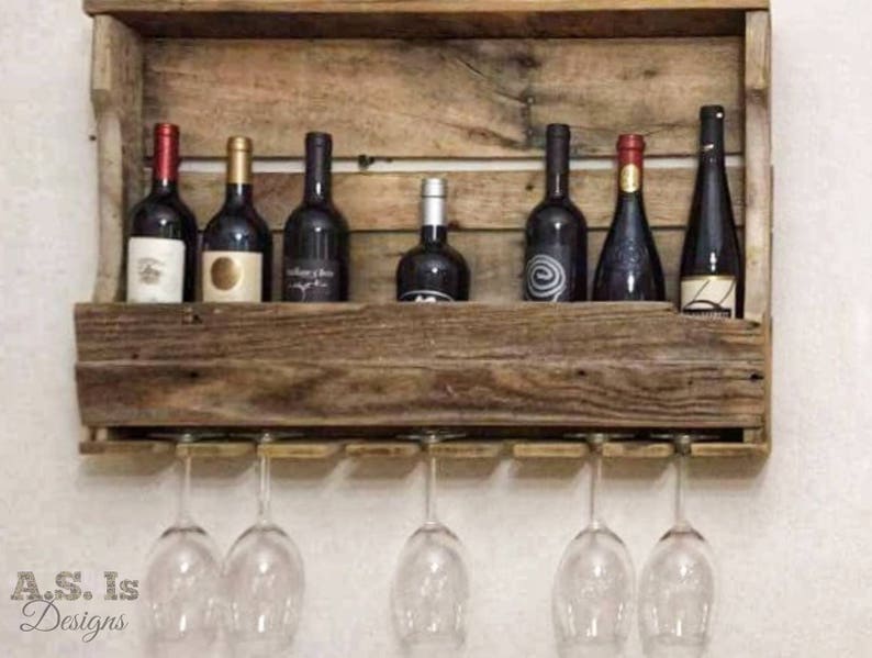 Reclaimed Wood Wine Rack with Glass Hanger: Rustic Farmhouse Bar Brown