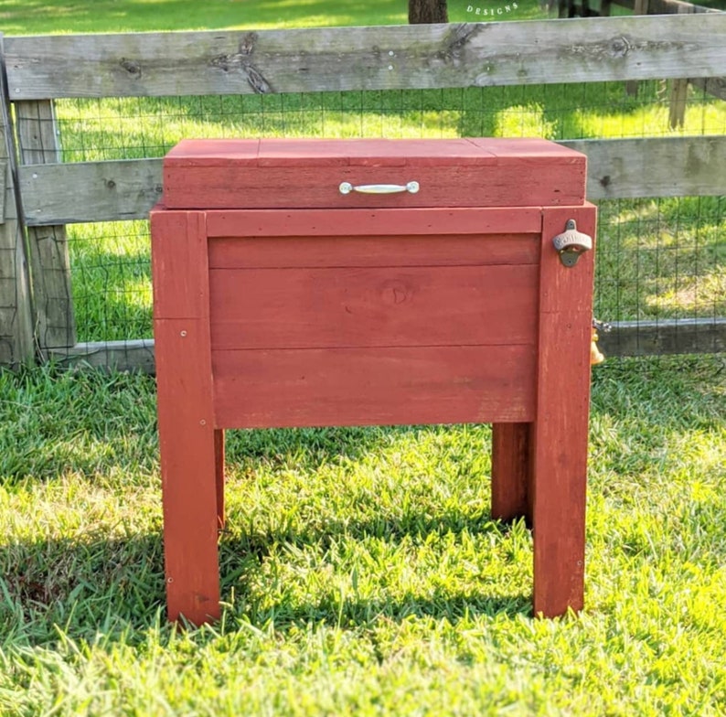 Standing Wood Cooler, Rustic Drink Stand, Wood Icebox, Birthday Gift For Men, Sports Tailgate Party Football, Spring, Mothers Day Father Red