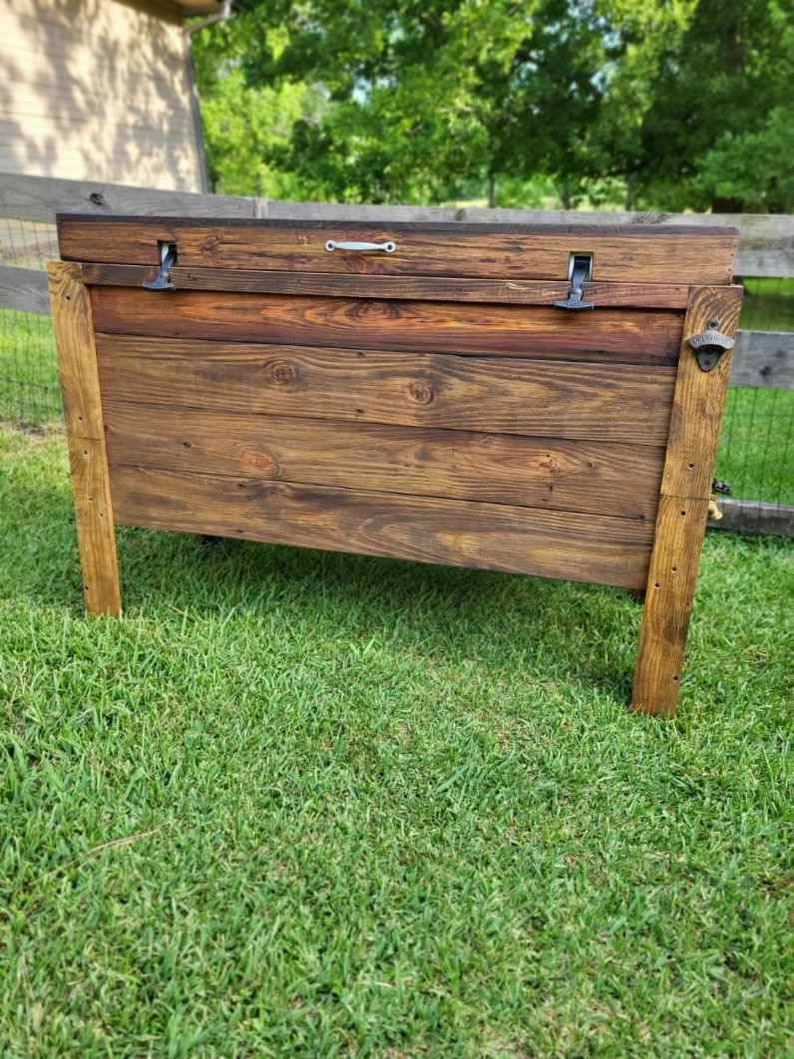 Standing Wood Cooler, Rustic Drink Stand, Wood Icebox, Birthday Gift For Men, Sports Tailgate Party Football, Spring, Mothers Day Father image 6