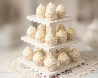 Présentoir à cupcakes en bois de récupération : présentoir à gâteaux de mariage festonné rustique