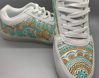 LED Sneakers, Hand-Painted Henna, White PU Leather