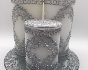 Hand Painted Pillar Candle Set, Henna Design Wedding Centerpiece