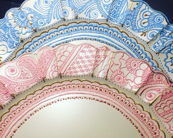 Hand Painted Ivory Charger Plate, Gold Henna Design, 13 inch