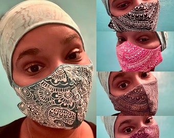 Handmade fabric face mask, washable face mask, jersey fabric mask, reusable face mask, henna design