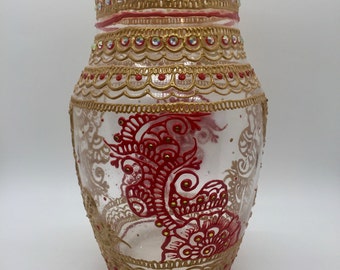 9 "handgeschilderde henna vaas, Home decor, vaas, goud en rode vaas, glazen vaas