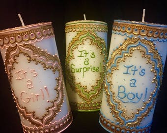 Baby Announcement Candles, 6 inch pillar candle, henna candle