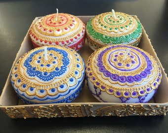 Hand Painted Floating Candle Set, Henna Rhinestone Decor