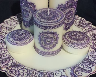 5pc Pillar Candle Set with Handmade Dish