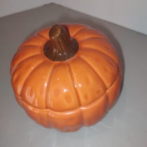 May include: A ceramic pumpkin-shaped container with a glossy orange finish. The container has a brown stem and is designed to resemble a pumpkin. The container is likely used for decorative purposes or as a storage item.
