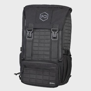 May include: Black tactical backpack with a geometric design. Features include multiple compartments, adjustable straps, and a top flap with a buckle closure. The backpack has a small patch with a logo.