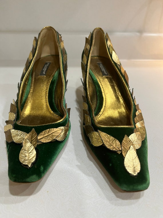 Green Velvet Heels with Gold and Bronze Leaf Trim