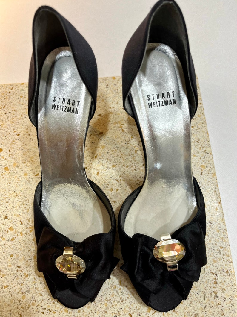 Stuart Weitzman Black Satin Jeweled Peep Toe Heels image 4