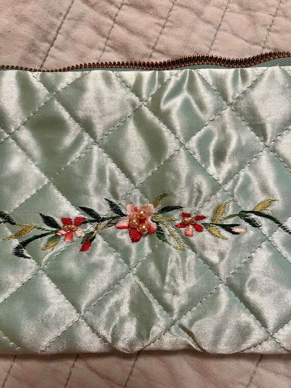 Blue Quilted Satin Embroidered Pouch - image 2