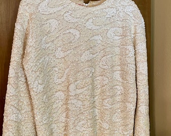 Vintage 60s Imperial Imports 100% Wool Winter White Beaded and Sequined Sweater