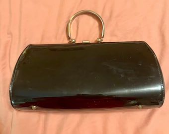 Vintage 1950s 1960s Faux Black Patent Leather Clutch Purse