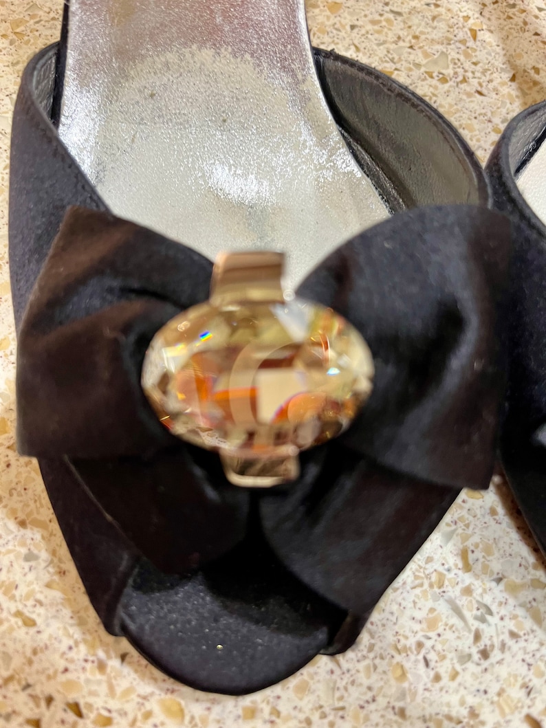 Stuart Weitzman Black Satin Jeweled Peep Toe Heels image 6