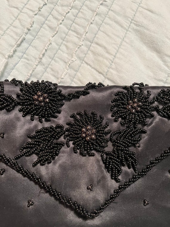 Vintage Black Floral Satin Beaded Clutch - image 2