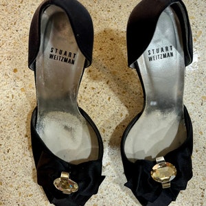 Stuart Weitzman Black Satin Jeweled Peep Toe Heels image 2