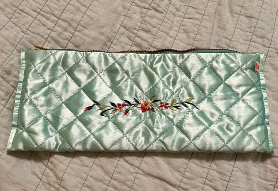 Blue Quilted Satin Embroidered Pouch - image 1
