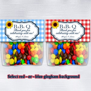 Personalized Red or Blue Gingham Baby Q Baby Shower Treat Bag Topper, BBQ Picnic Party Favors image 2
