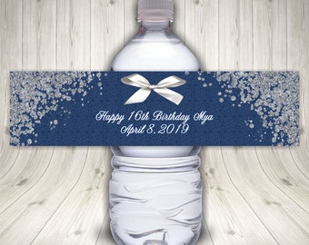 Personalized Diamond and Glitter Birthday Party Water Bottle Label, Custom Formal Party Favors