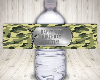 Personalized Camo Party Water Bottle Wrap, Army Military Camouflage Birthday Party Favor Label, Drink Label