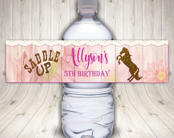 20 HORSE WESTERN BIRTHDAY PARTY FAVORS PERSONALIZED WATER BOTTLE LABELS WRAP HALF WAY AROUND 