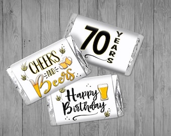 28 Cheers and Beers Birthday Party Favor Mini Candy Bar Wrappers, Cheers to 30 40 50 Years