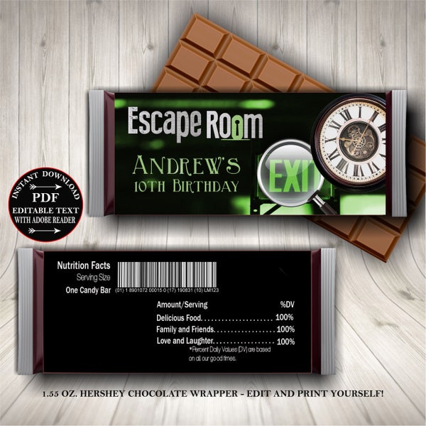 Escape Room Chocolate Bar Wrappers, Mystery Party Favor Label, Printable DIY Self Editing Text, Instant Download