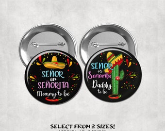 Mexican Fiesta Baby Shower Badges, Mommy to be Pin Buttons, Name Badge Pin Buttons, Gender Reveal, Cactus Sombrero Button Badges