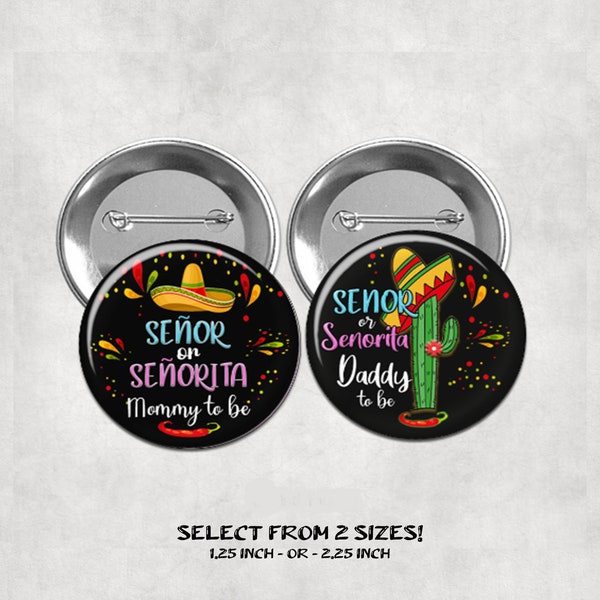 Mexican Fiesta Baby Shower Badges, Mommy to be Pin Buttons, Name Badge Pin Buttons, Gender Reveal, Cactus Sombrero Button Badges