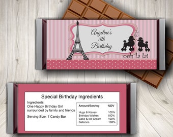 Personalized Paris Eiffel Tower Birthday Party Favor Candy Bar Wrapper,